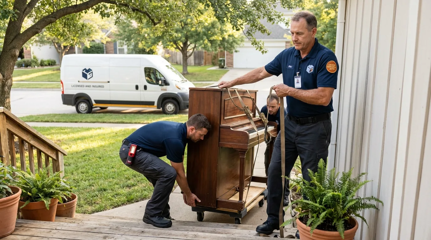 Licensed piano movers securing grand piano in DeKalb, IL